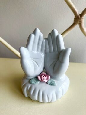 White Ceramic Hand Ring Holder with Pink Rose